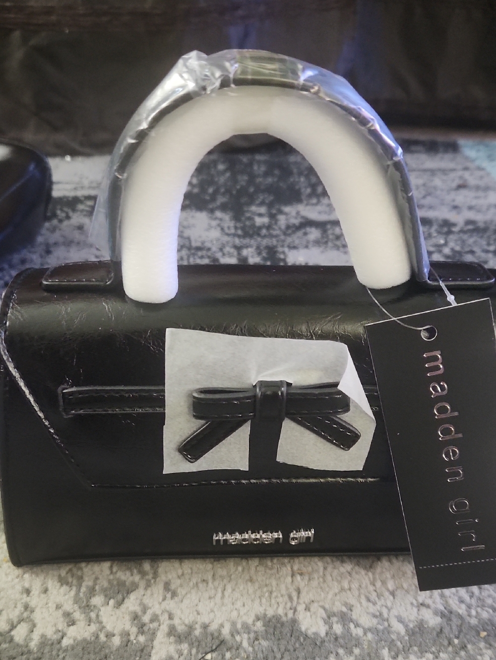 Madden Girl Black Mini Top-Handle Bag with Bow Accent
